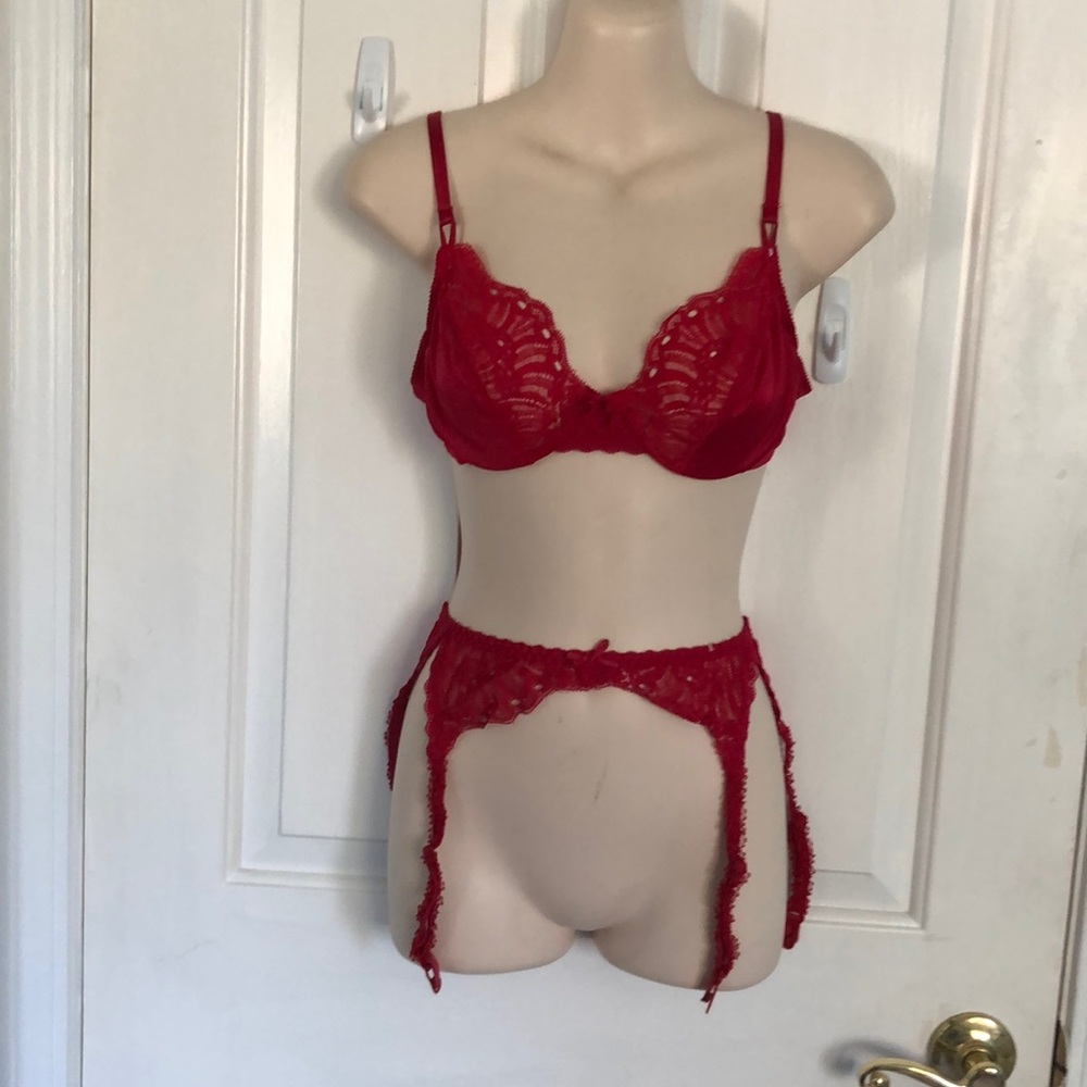 Red bra and garter set 36B/Medium